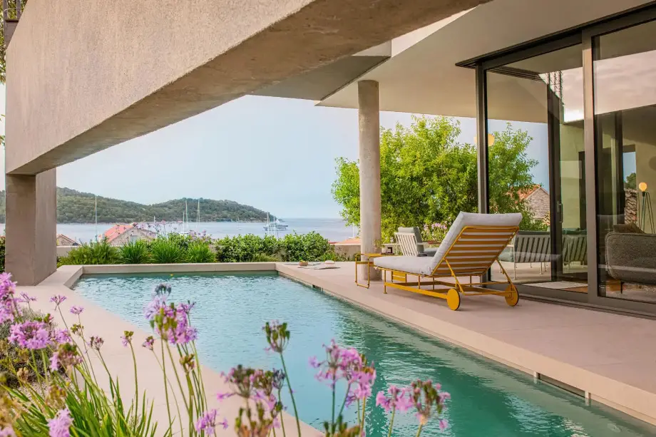Villa with pool in dusk, Vis Island